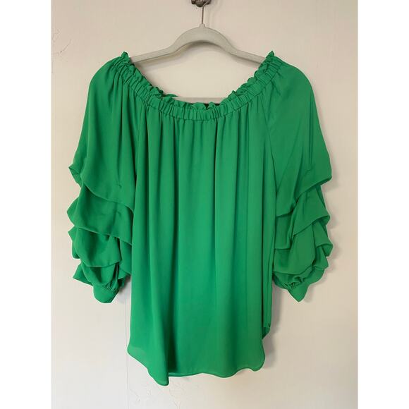 Frank Lyman Montreal Emerald Green Off Shoulder Ruffle Sleeve Blouse 6 - Picture 3 of 4